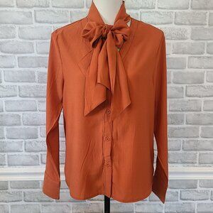 Bohme Rust Orange Tie Front Blouse Long Sleeve Granny Chic Cottage NEW small